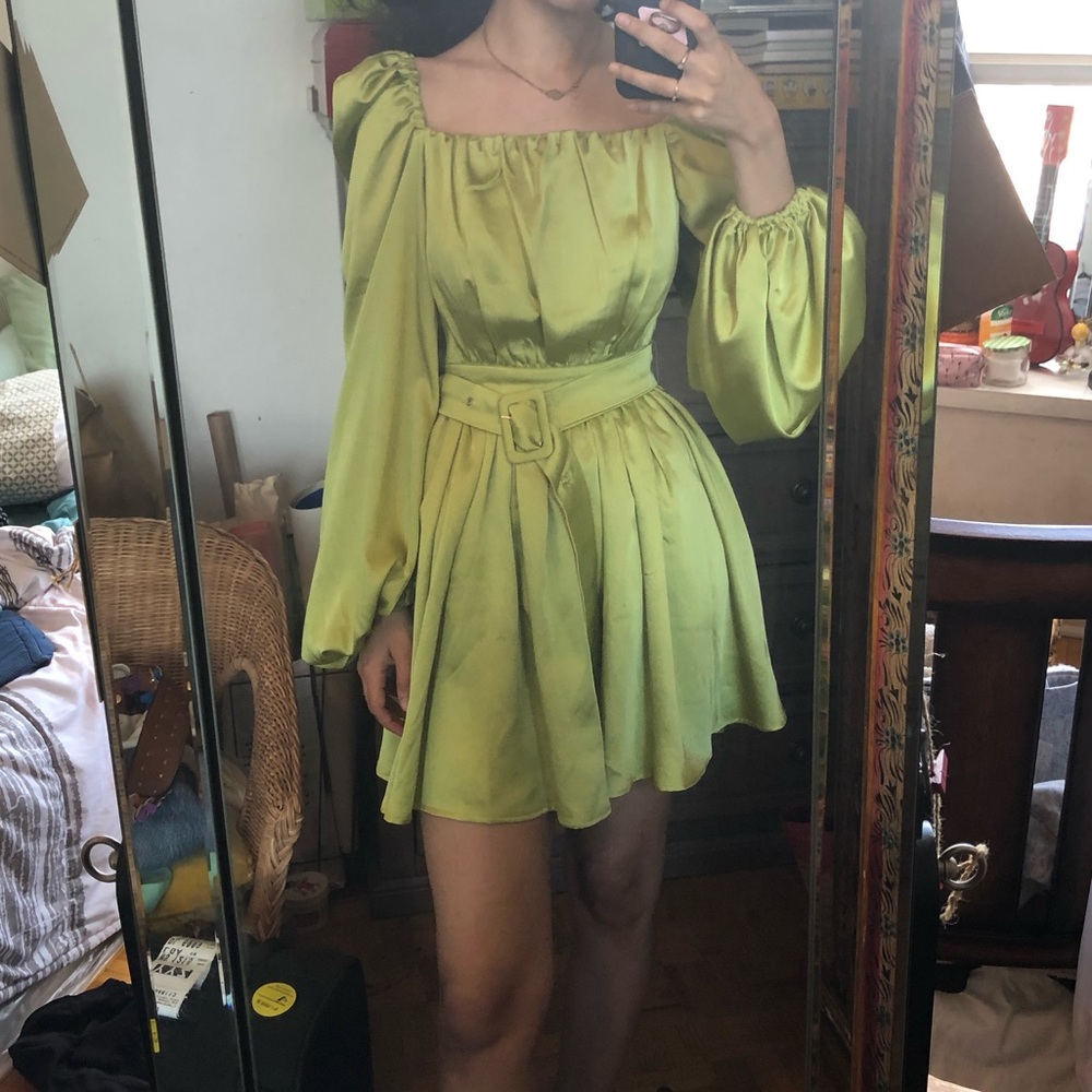 Satin Belted Flippy Mini Dress in Lime